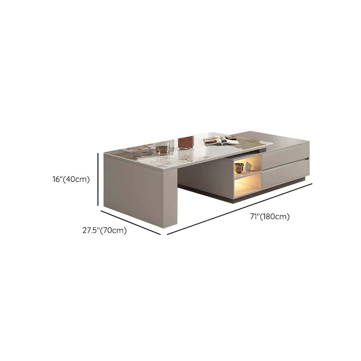 Rectangular Stone Coffee Table with Storage Shelves