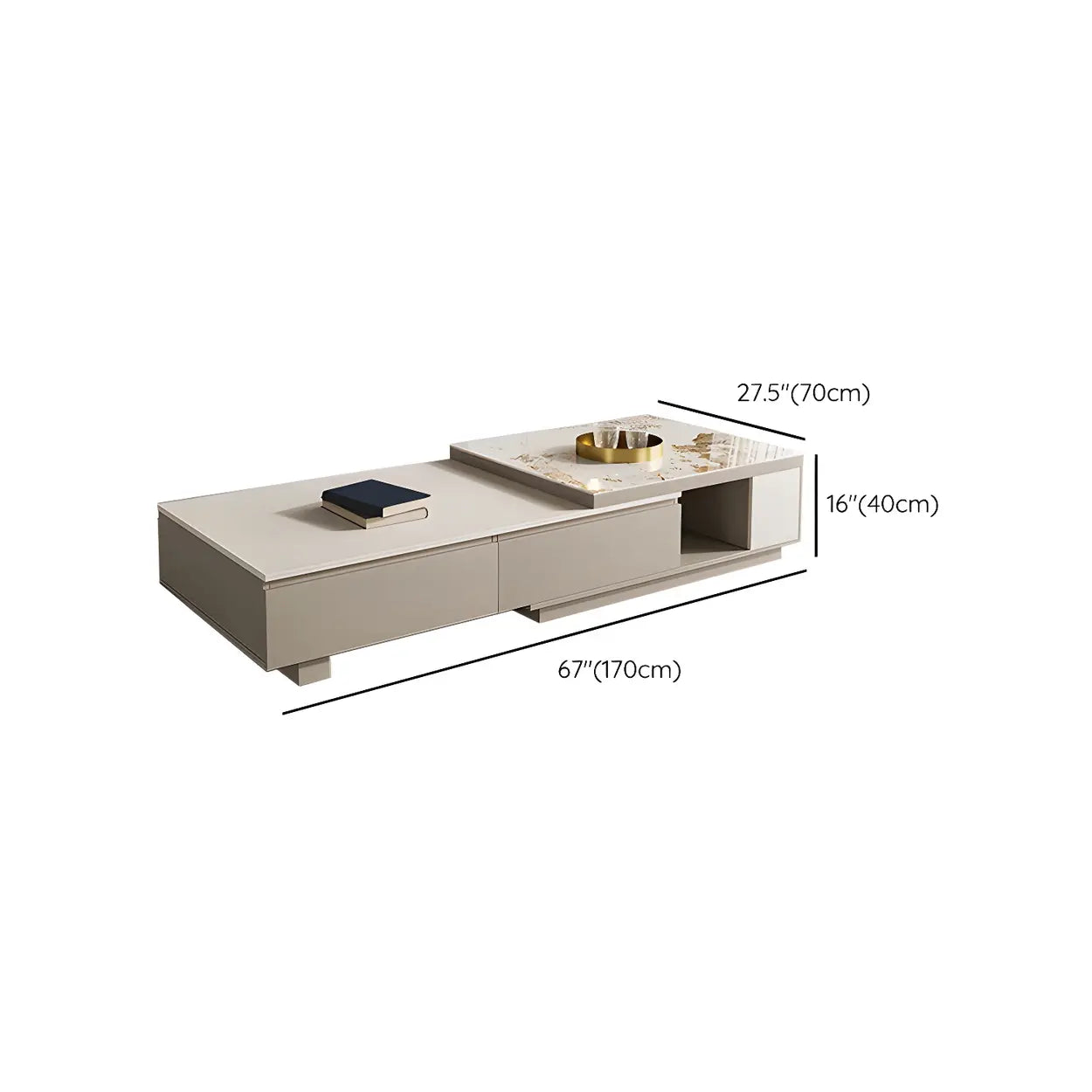 Rectangular Stone Coffee Table with Storage Shelves