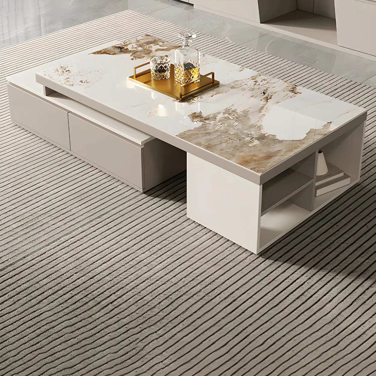 Rectangular Stone Coffee Table with Storage Shelves