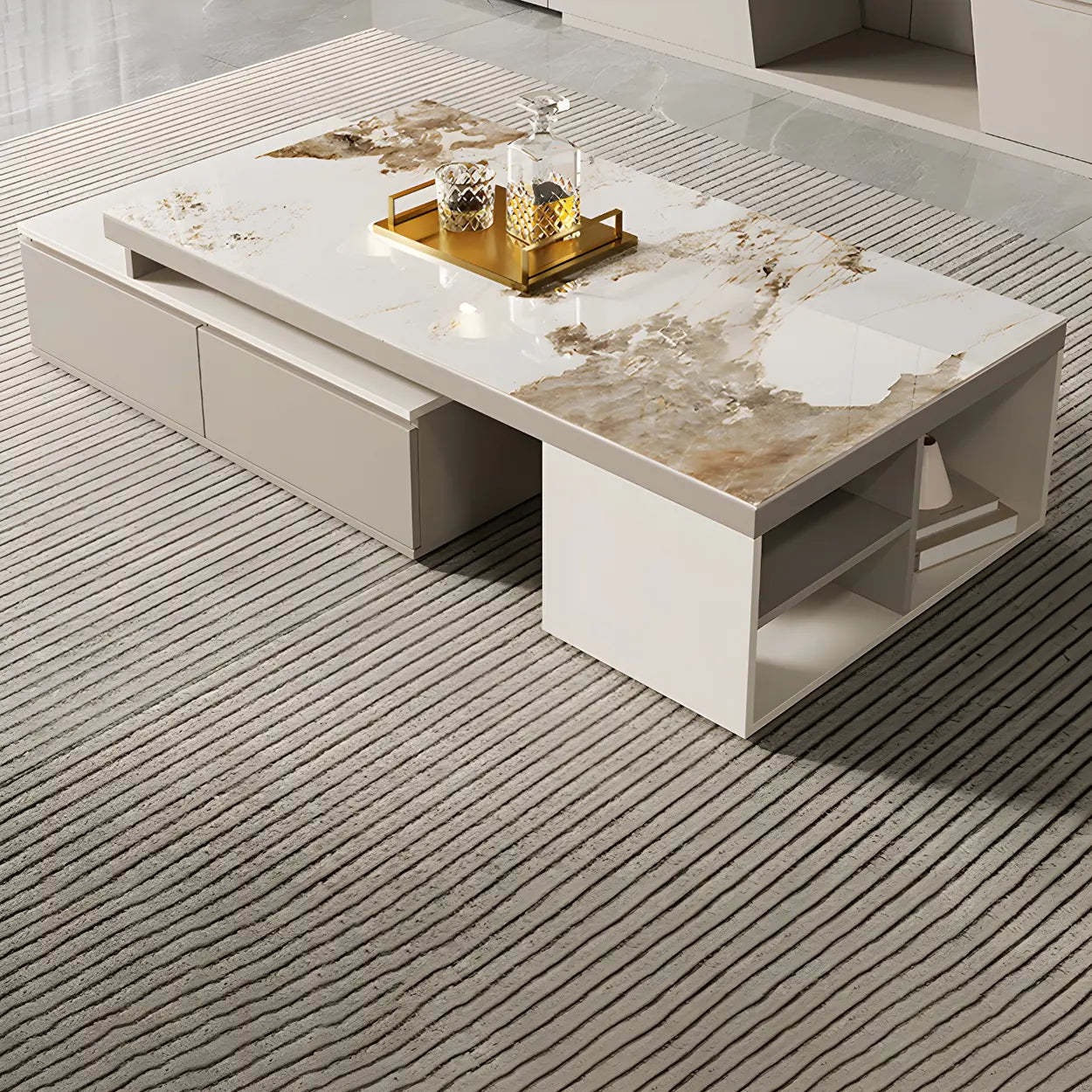 Rectangular Stone Coffee Table with Storage Shelves