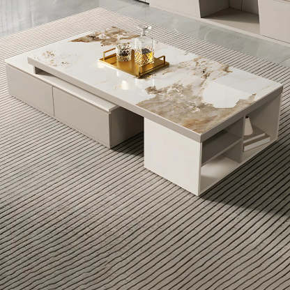 Rectangular Stone Coffee Table with Storage Shelves