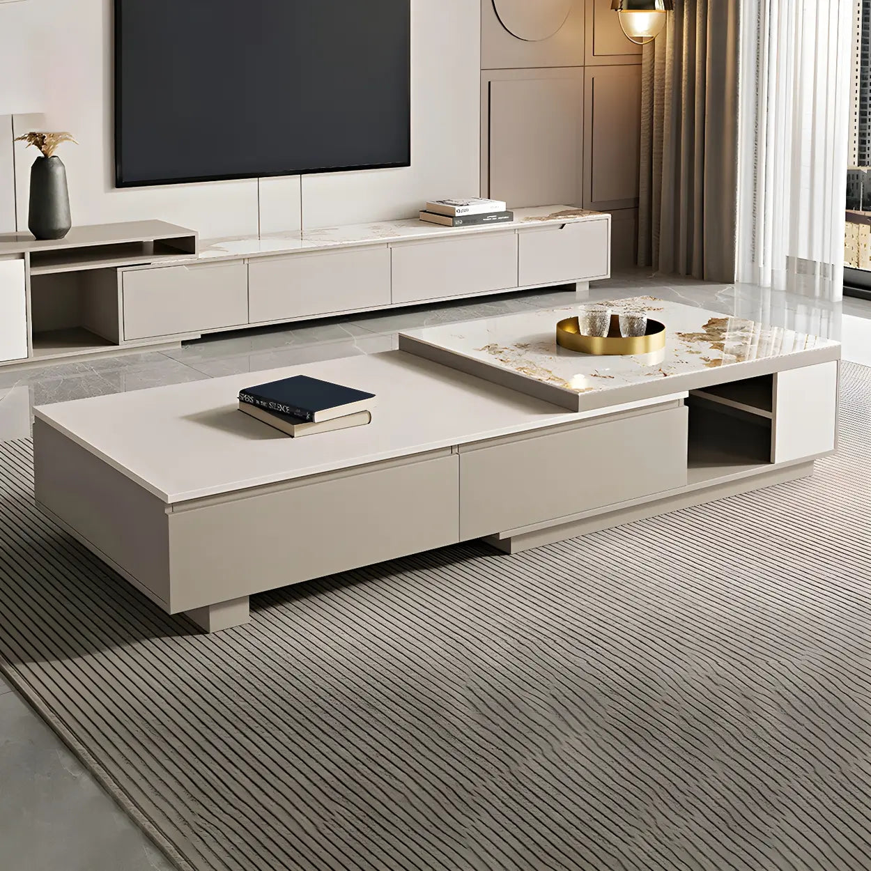 Rectangular Stone Coffee Table with Storage Shelves