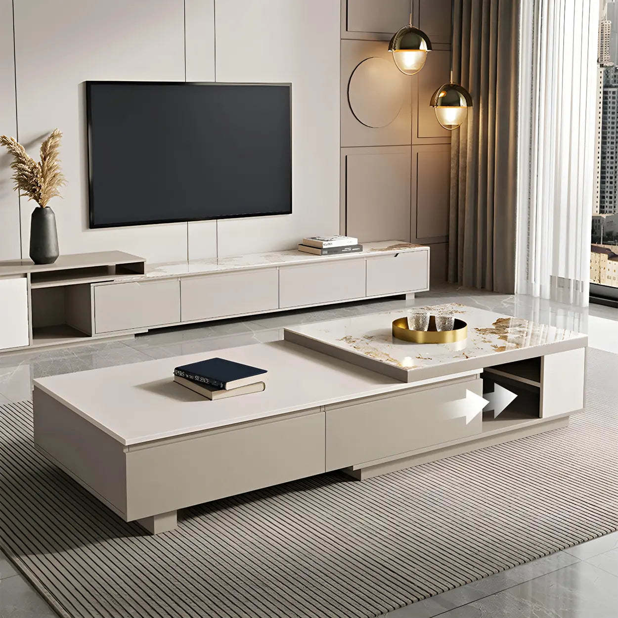 Rectangular Stone Coffee Table with Storage Shelves