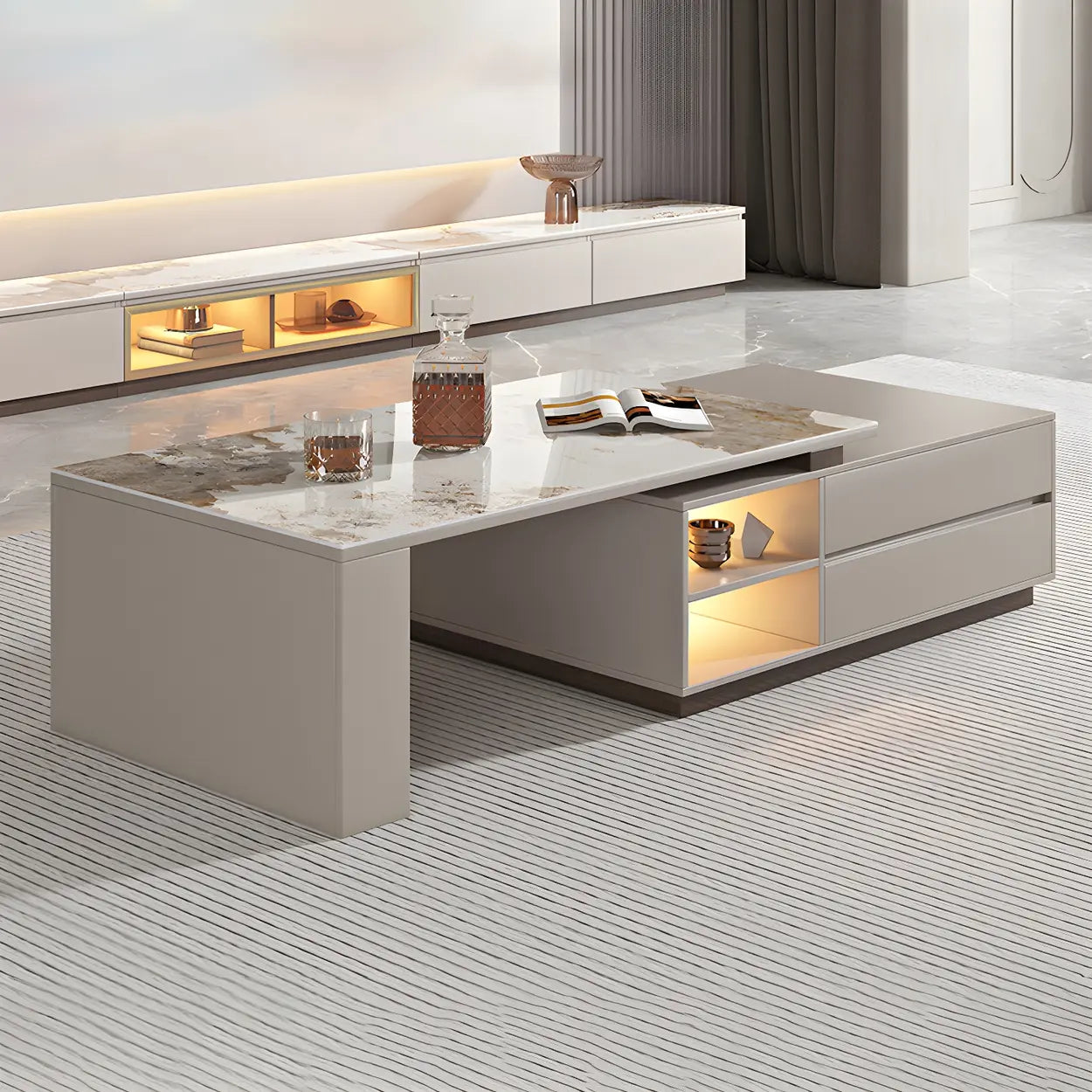 Rectangular Stone Coffee Table with Storage Shelves
