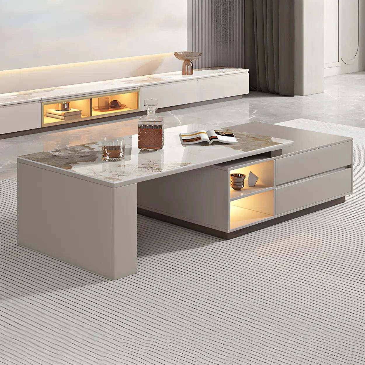 Rectangular Stone Coffee Table with Storage Shelves