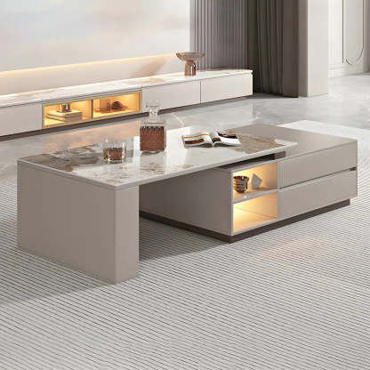 Rectangular Stone Coffee Table with Storage Shelves