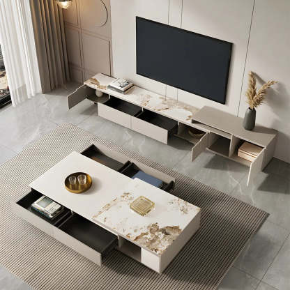 Rectangular Stone Coffee Table with Storage Shelves