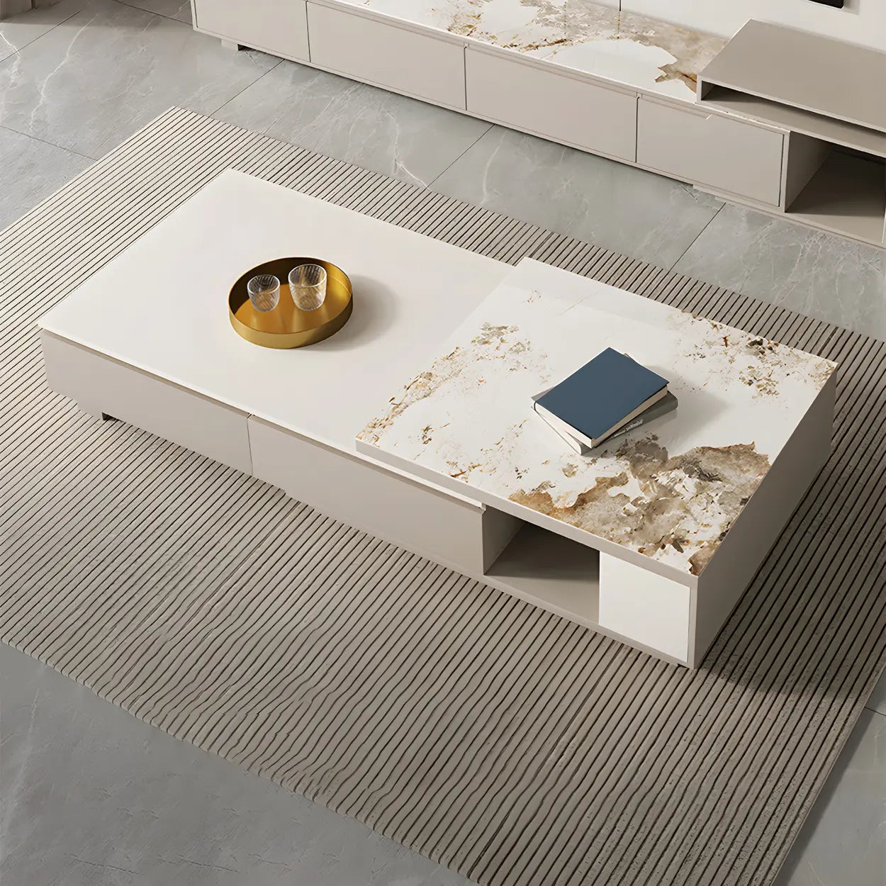 Rectangular Stone Coffee Table with Storage Shelves