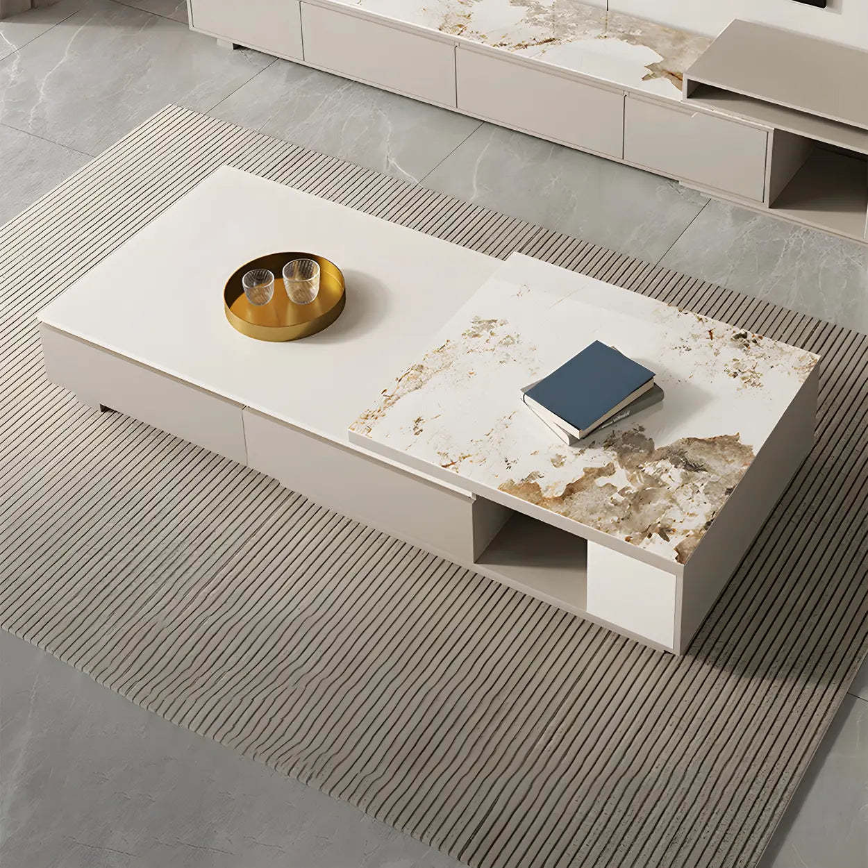 Rectangular Stone Coffee Table with Storage Shelves