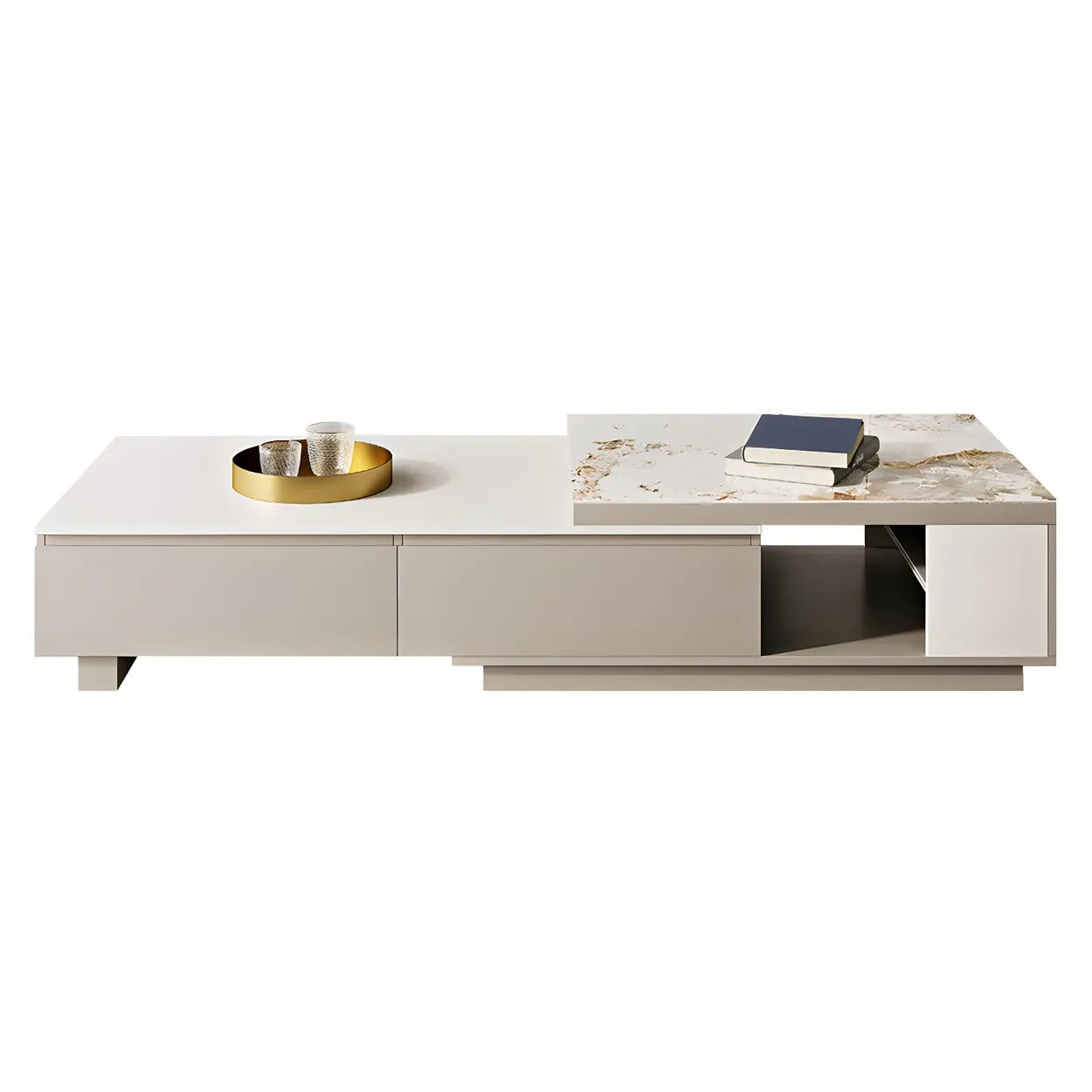Rectangular Stone Coffee Table with Storage Shelves