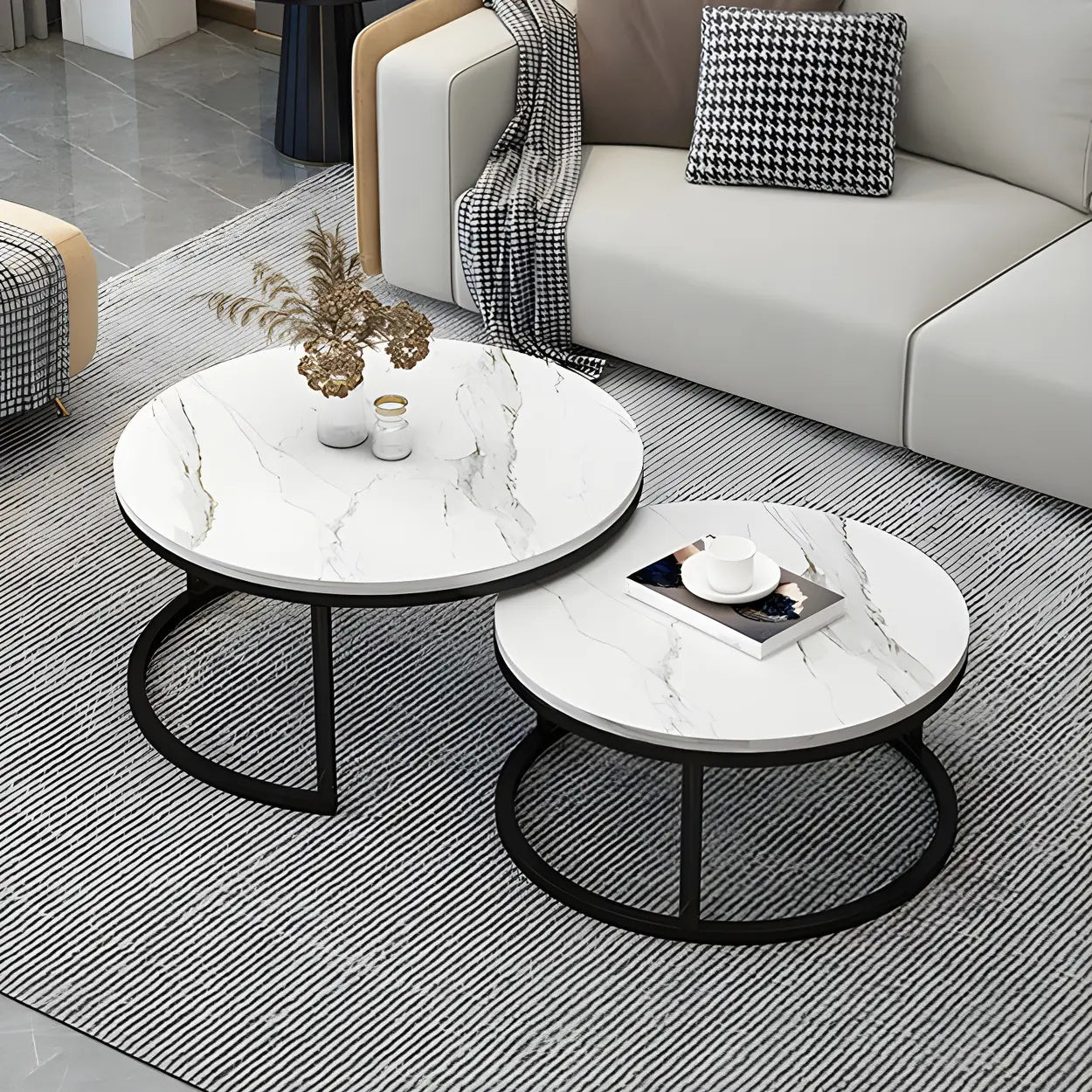 Stone Round Metal-Frame Nesting Coffee Tables