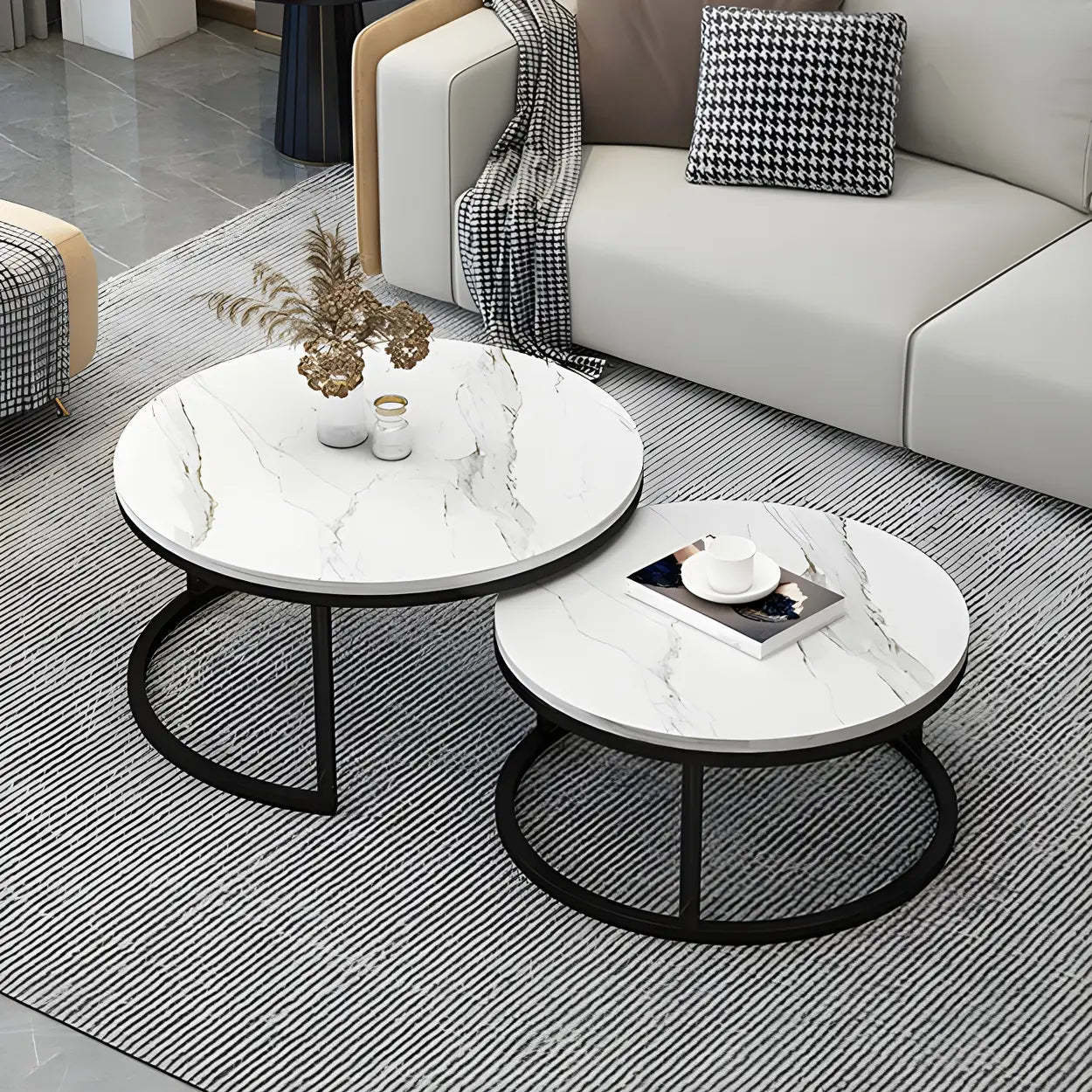 Stone Round Metal-Frame Nesting Coffee Tables — Black and White / Black