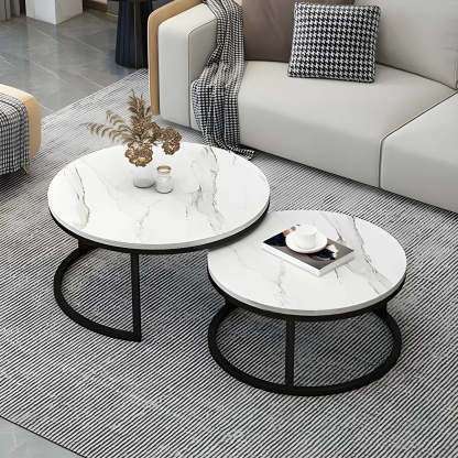 Stone Round Metal-Frame Nesting Coffee Tables — Black and White / Black