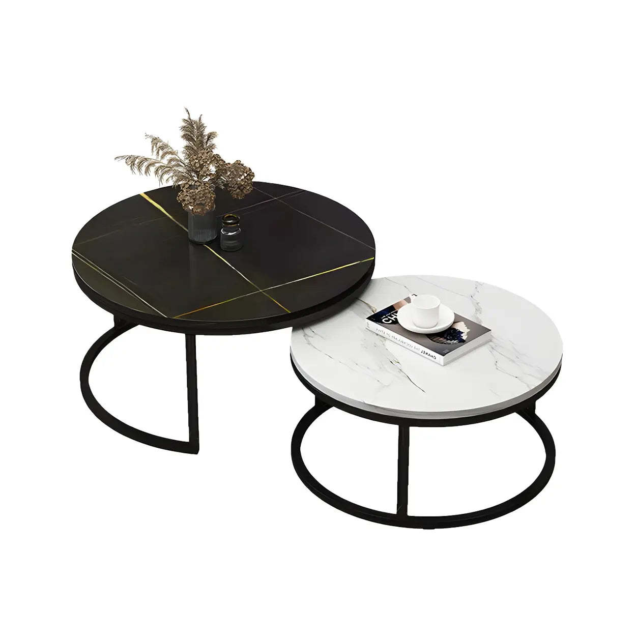 Stone Round Metal-Frame Nesting Coffee Tables — White / Gold