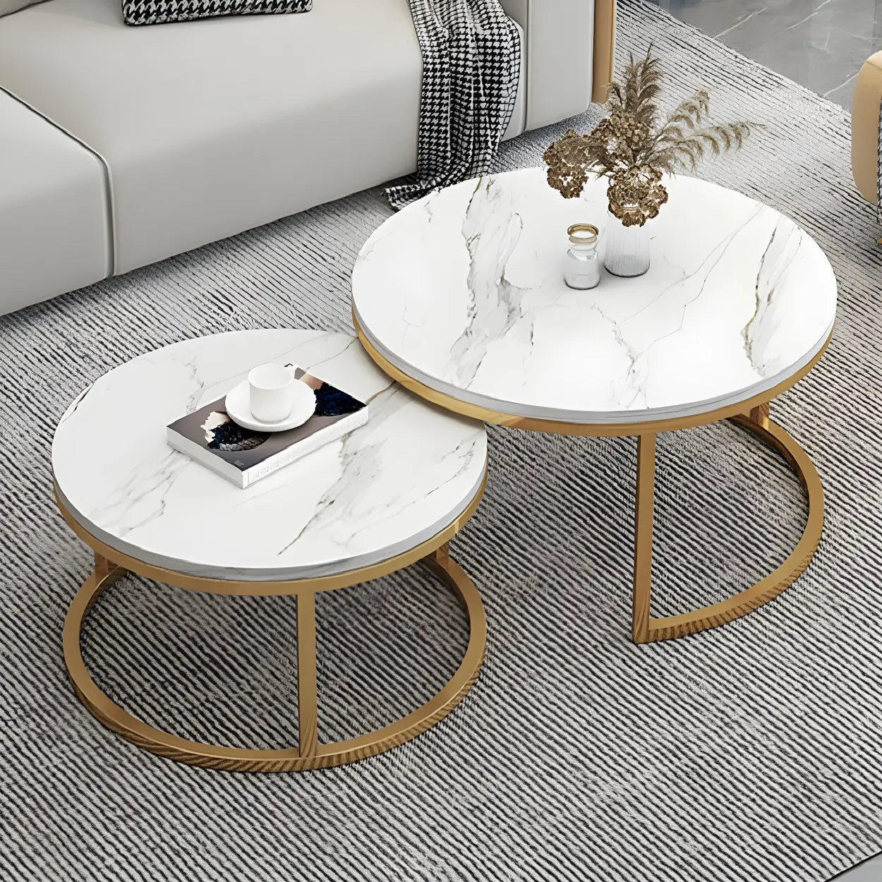 Stone Round Metal-Frame Nesting Coffee Tables — White-Gray / Black