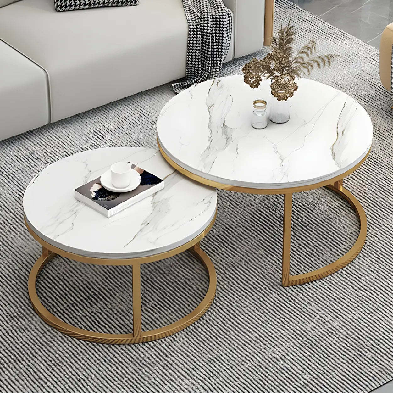 Stone Round Metal-Frame Nesting Coffee Tables — White-Gray / Black