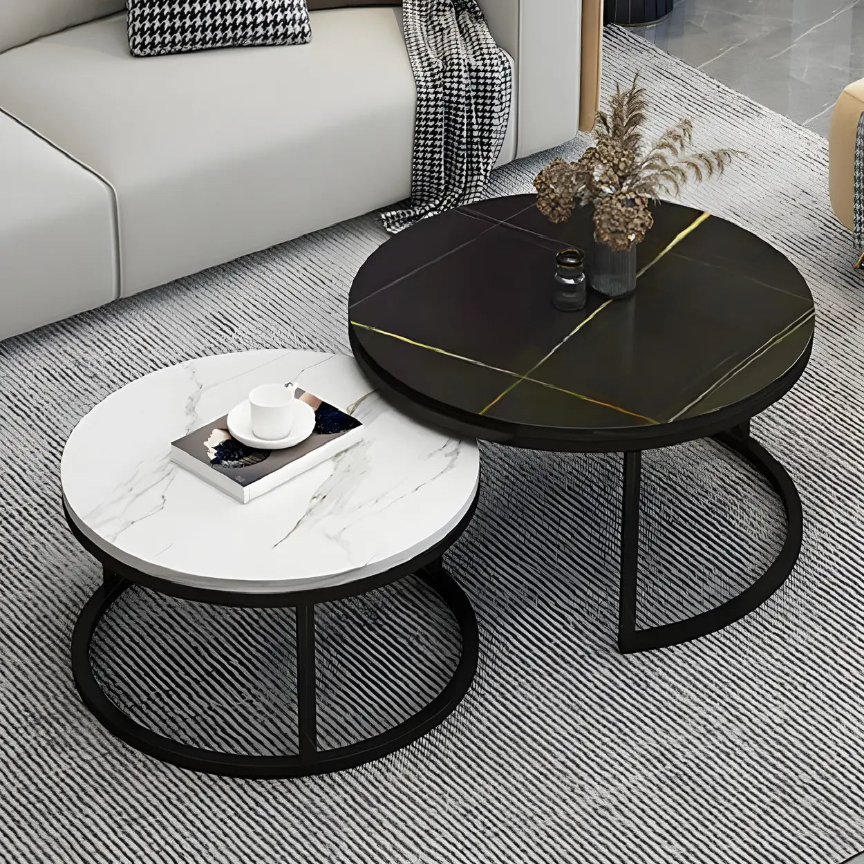 Stone Round Metal-Frame Nesting Coffee Tables — Gray-White / Black