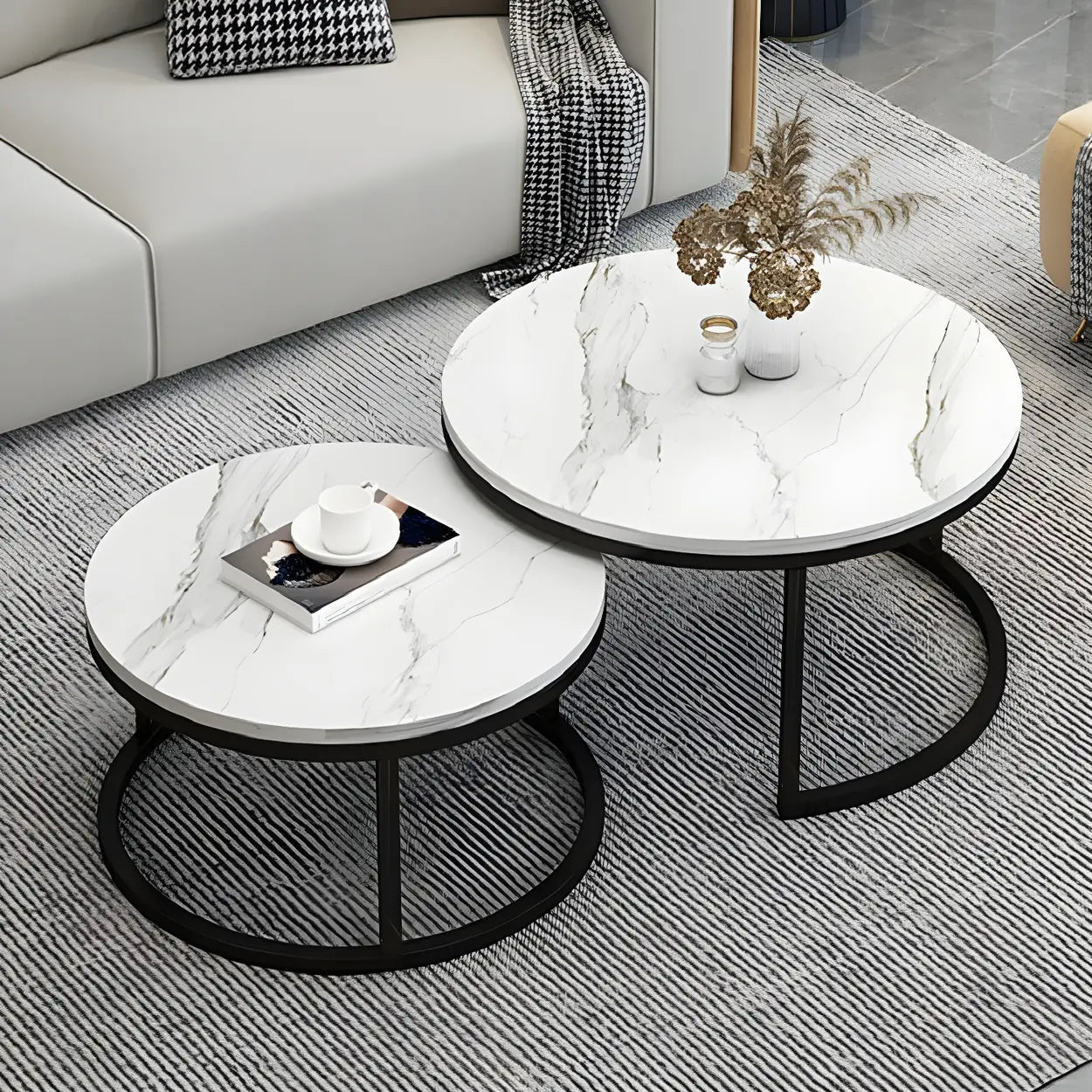 Stone Round Metal-Frame Nesting Coffee Tables — White-Black / Gold