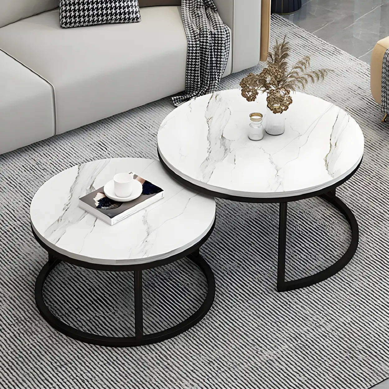 Stone Round Metal-Frame Nesting Coffee Tables — White-Black / Gold