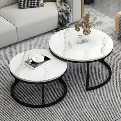 Stone Round Metal-Frame Nesting Coffee Tables — White-Black / Gold