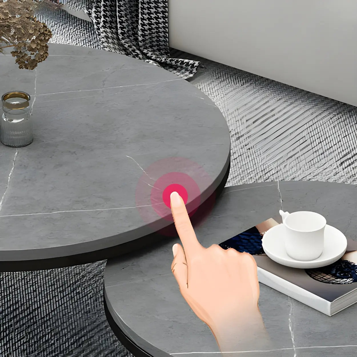 Stone Round Metal-Frame Nesting Coffee Tables — White / Gold