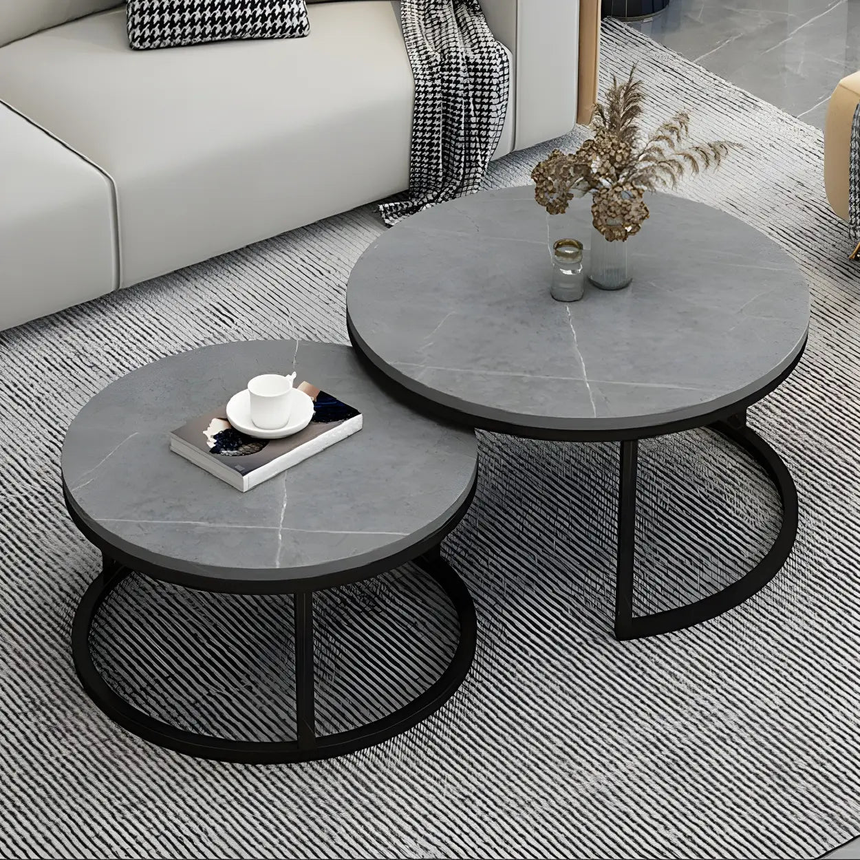 Stone Round Metal-Frame Nesting Coffee Tables — White-Gray / Black