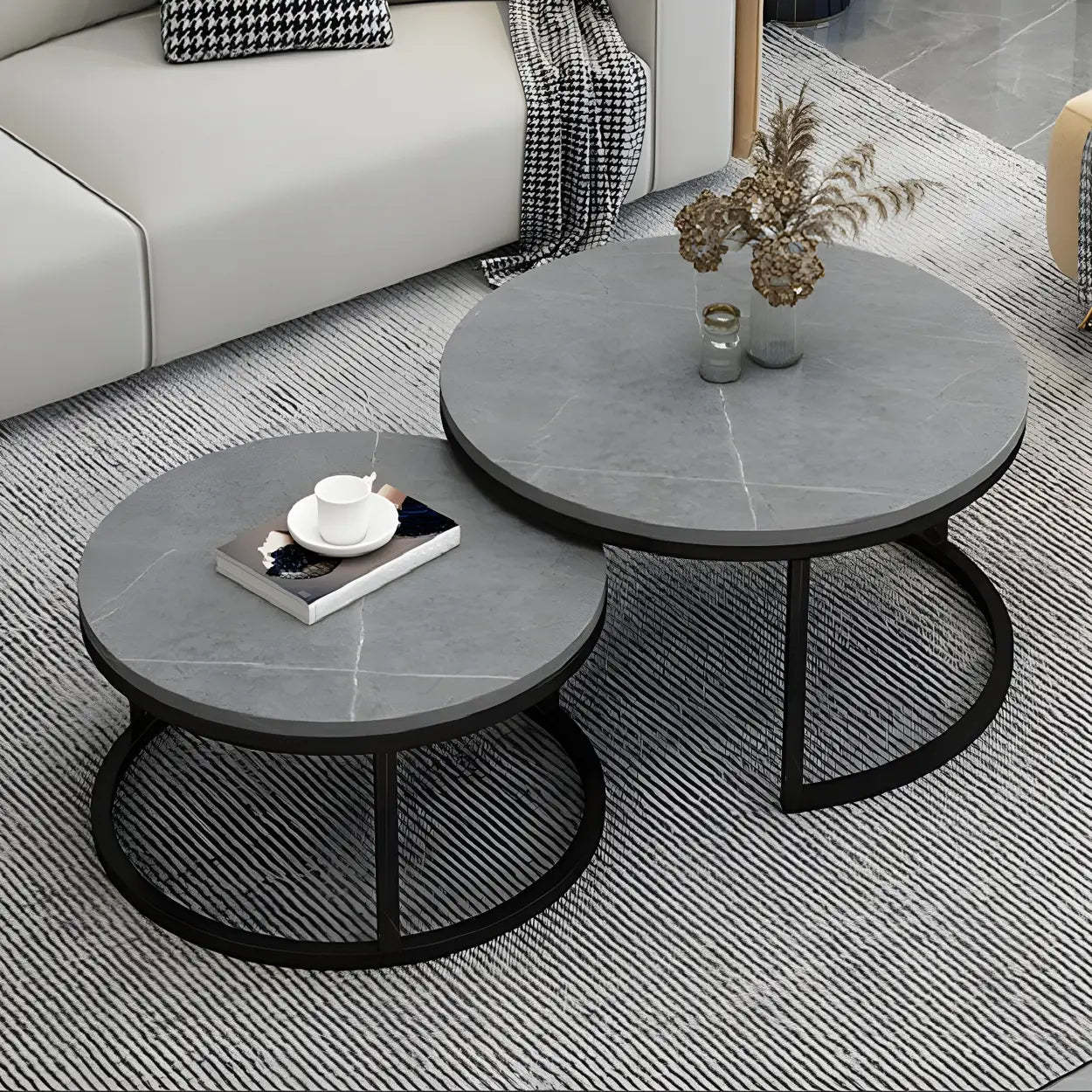 Stone Round Metal-Frame Nesting Coffee Tables — White-Gray / Black