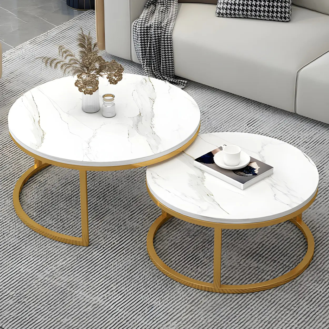 Stone Round Metal-Frame Nesting Coffee Tables — White-Gray / Gold