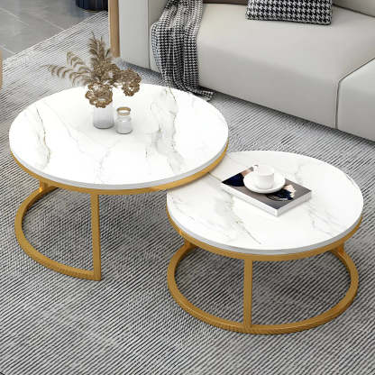 Stone Round Metal-Frame Nesting Coffee Tables — White-Gray / Gold