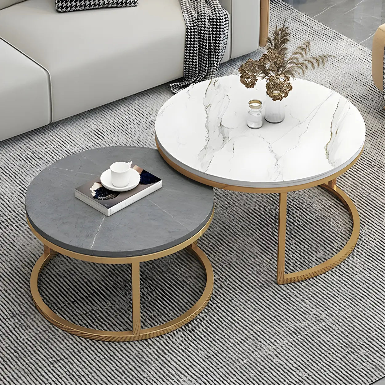Stone Round Metal-Frame Nesting Coffee Tables — Gray-White / Black