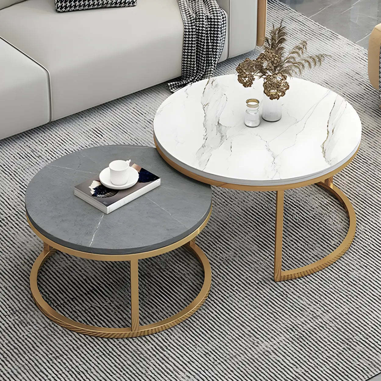Stone Round Metal-Frame Nesting Coffee Tables — Gray-White / Black