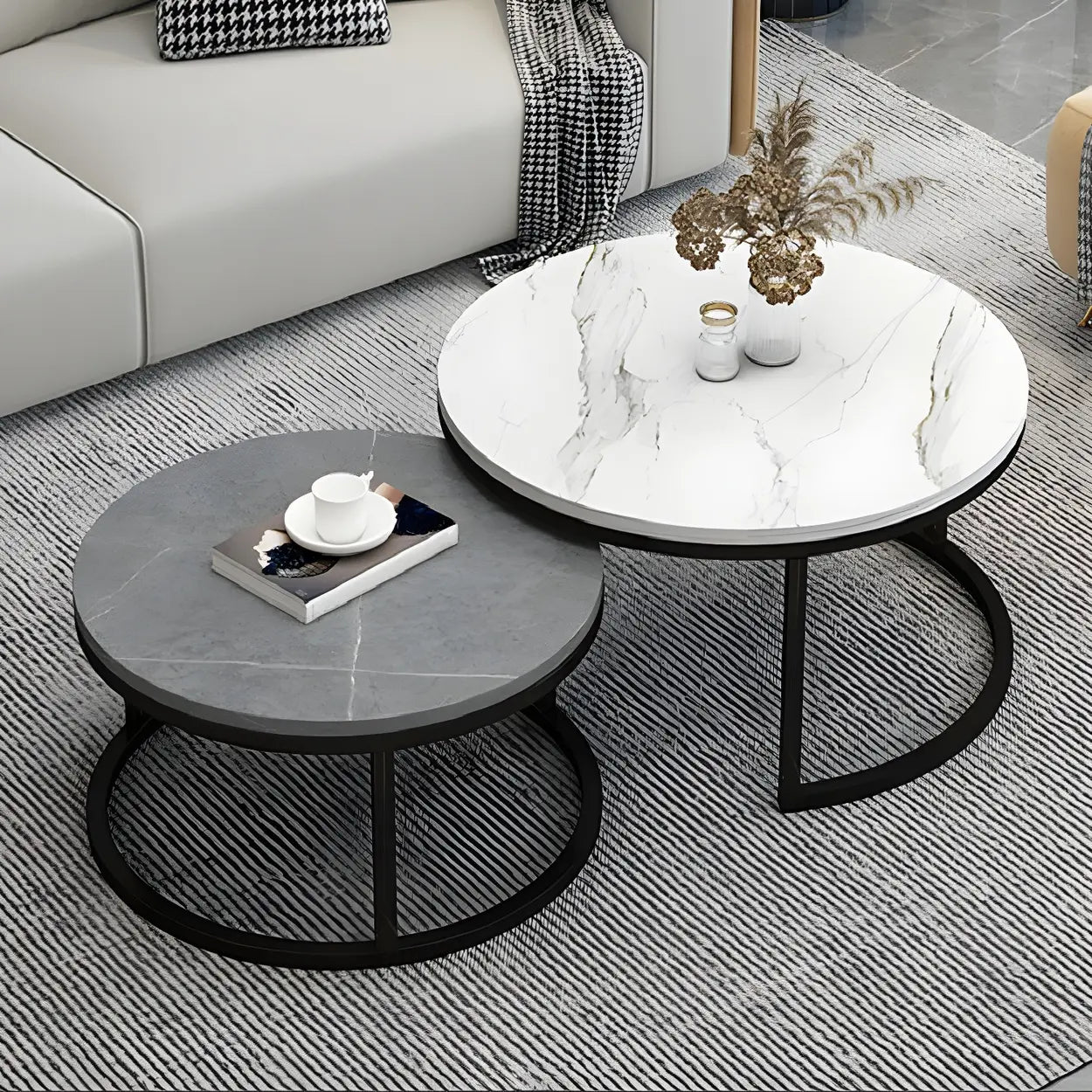 Stone Round Metal-Frame Nesting Coffee Tables — White / Black