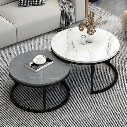 Stone Round Metal-Frame Nesting Coffee Tables — White / Black