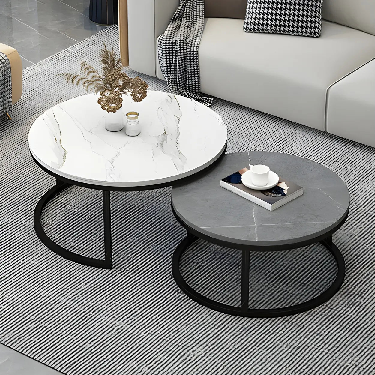 Stone Round Metal-Frame Nesting Coffee Tables — White-Black / Black