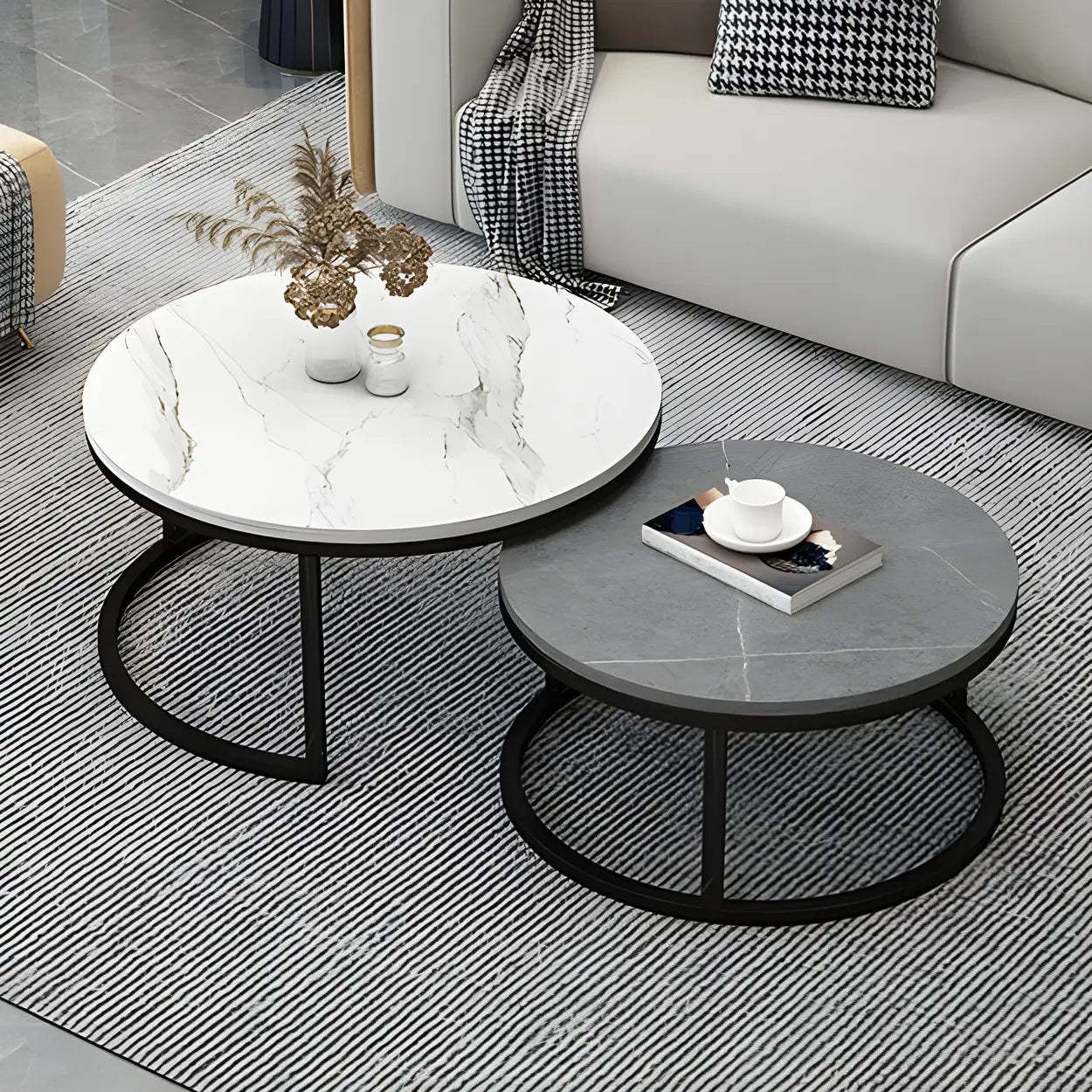 Stone Round Metal-Frame Nesting Coffee Tables — White-Black / Black