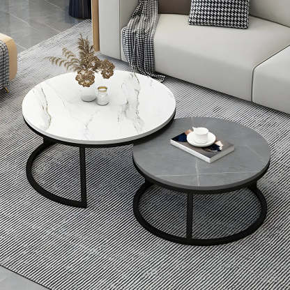 Stone Round Metal-Frame Nesting Coffee Tables — White-Black / Black