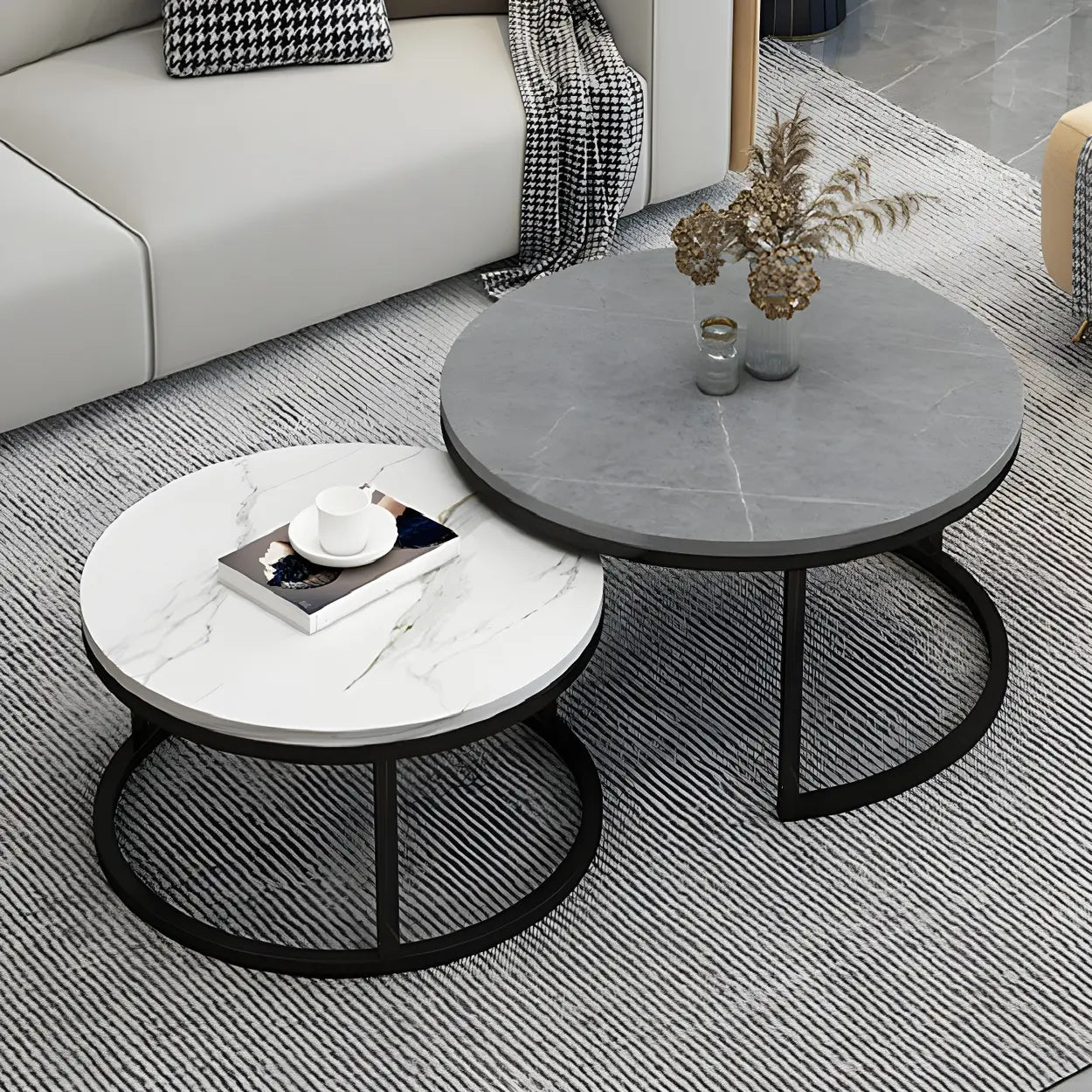 Stone Round Metal-Frame Nesting Coffee Tables — White / Gold
