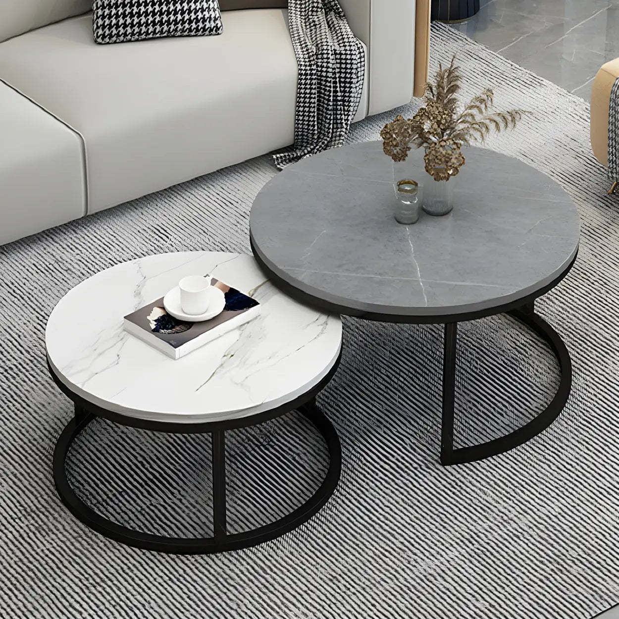 Stone Round Metal-Frame Nesting Coffee Tables — White / Gold
