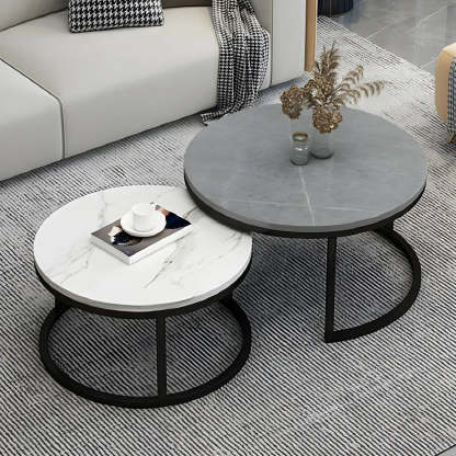 Stone Round Metal-Frame Nesting Coffee Tables — White / Gold