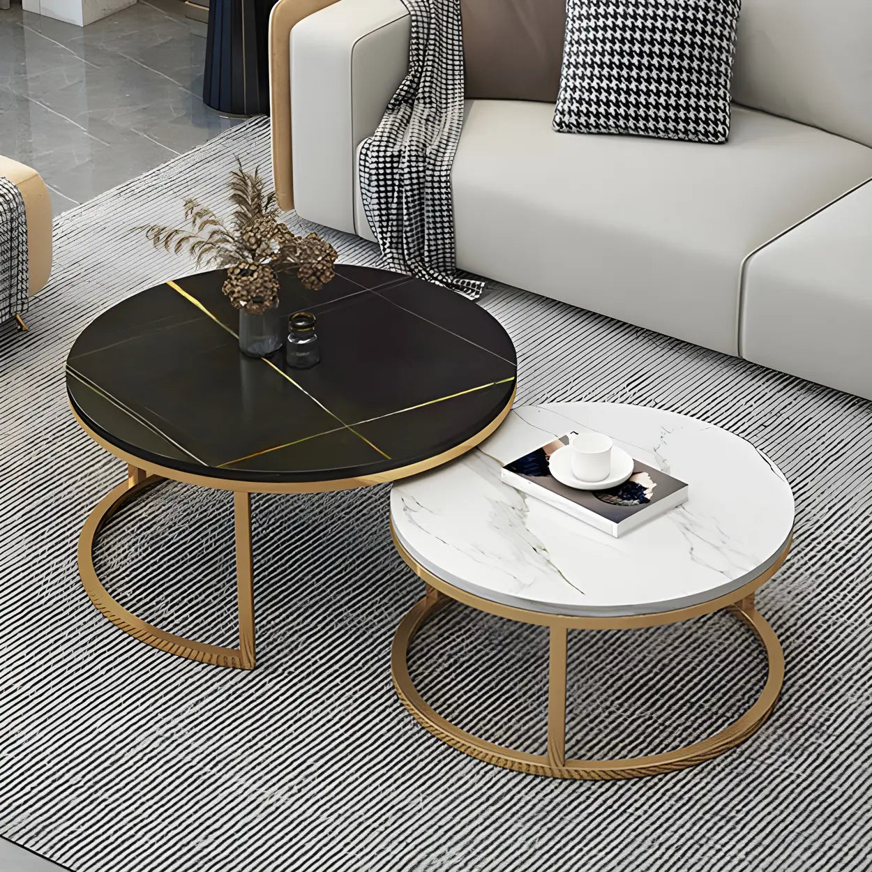 Stone Round Metal-Frame Nesting Coffee Tables — White-Gray / Black