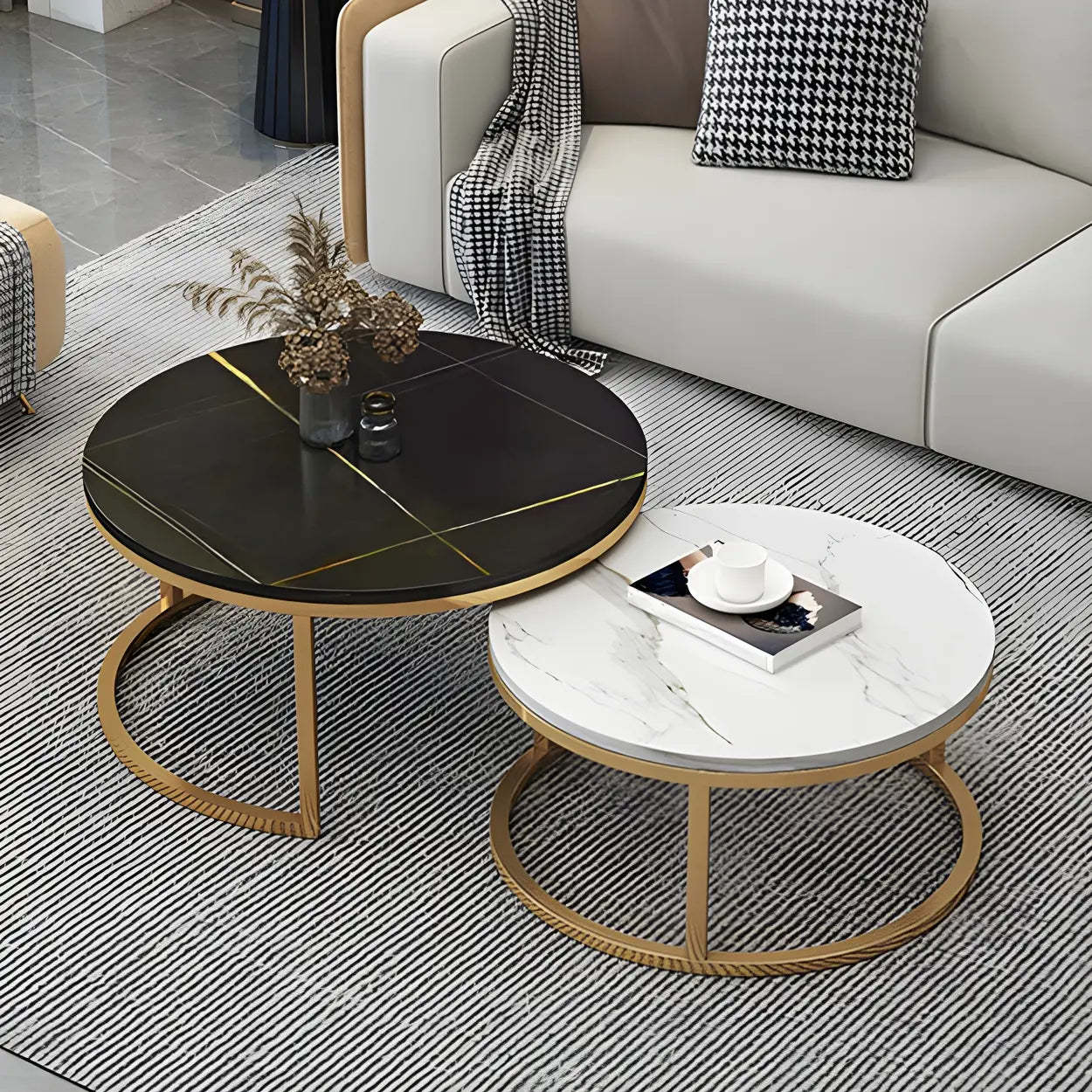 Stone Round Metal-Frame Nesting Coffee Tables — White-Gray / Black