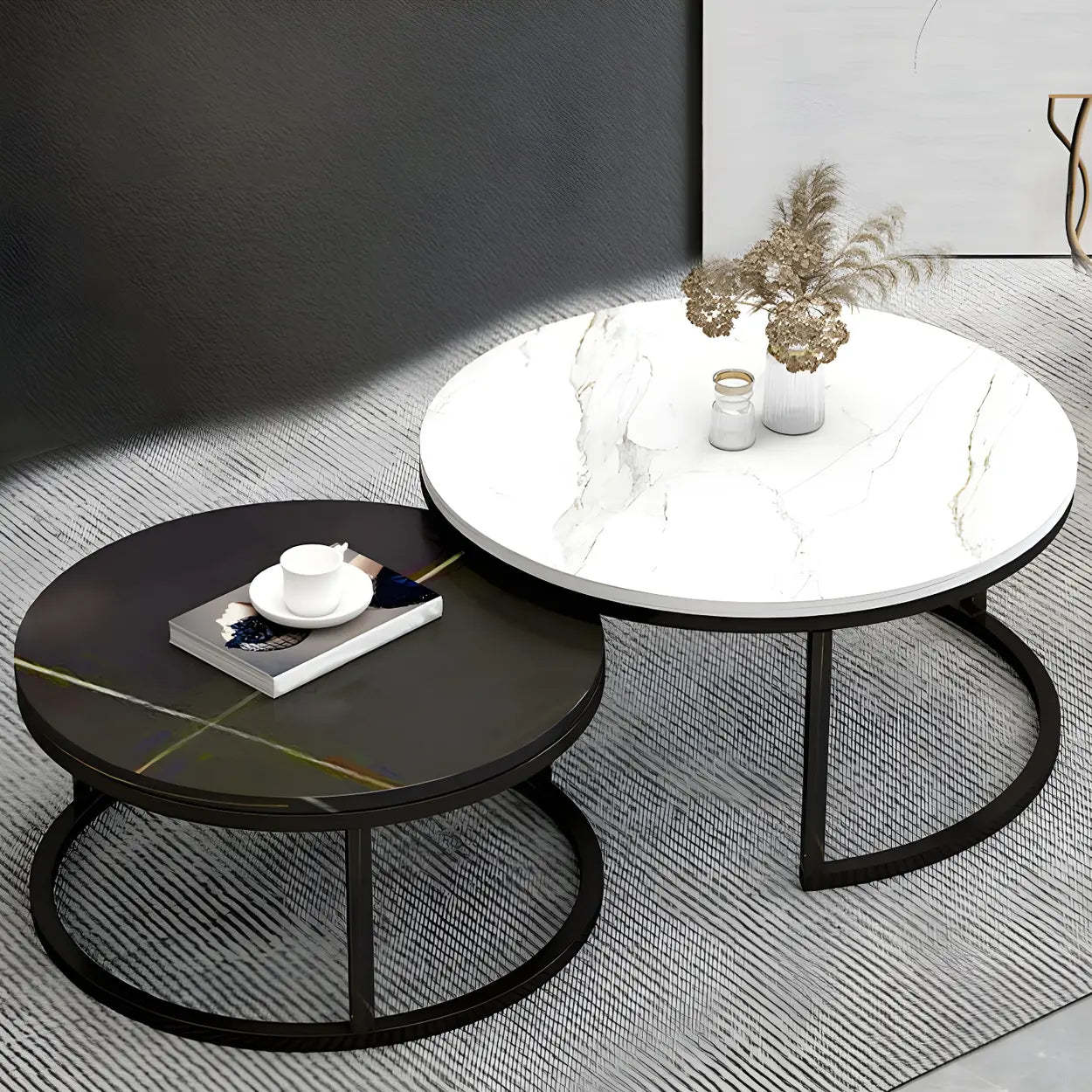 Stone Round Metal-Frame Nesting Coffee Tables — White-Gray / Gold