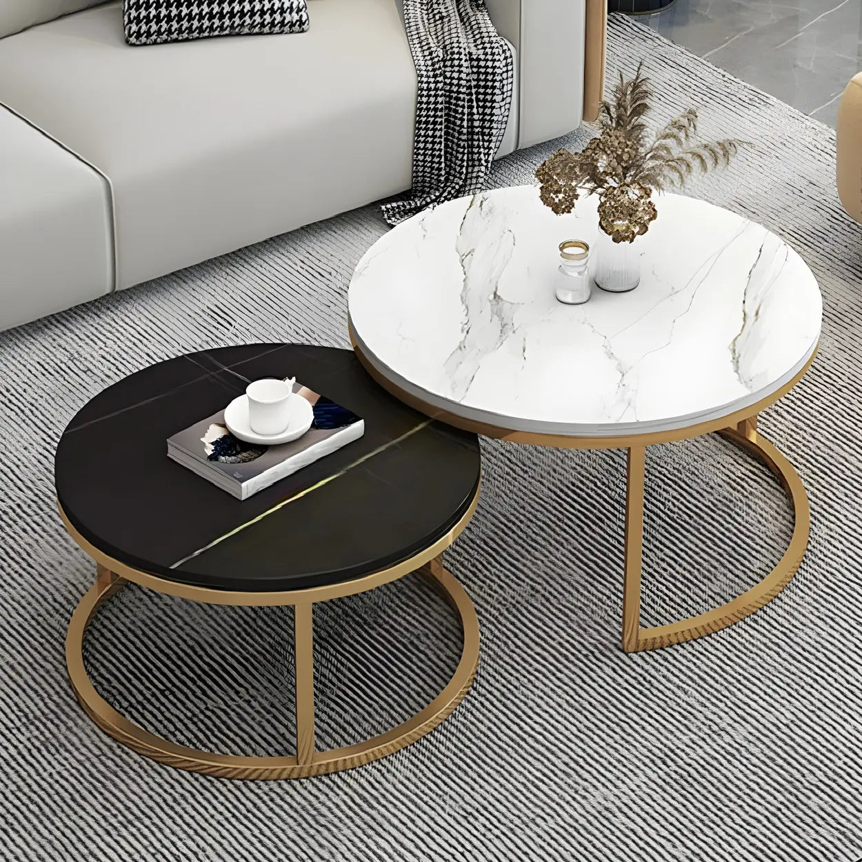 Stone Round Metal-Frame Nesting Coffee Tables — Gray-White / Black