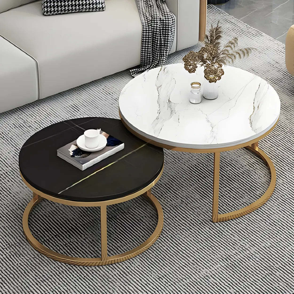 Stone Round Metal-Frame Nesting Coffee Tables — Gray-White / Black