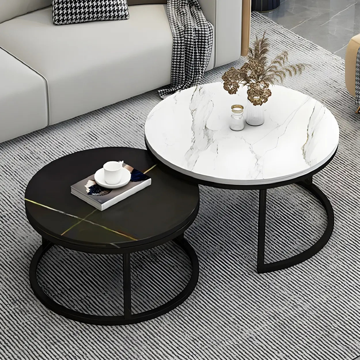 Stone Round Metal-Frame Nesting Coffee Tables — Black and White / Black