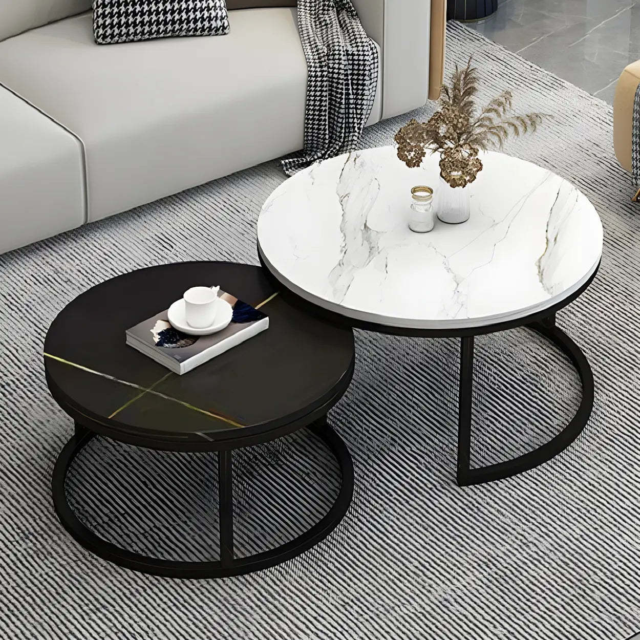 Stone Round Metal-Frame Nesting Coffee Tables — Black and White / Black