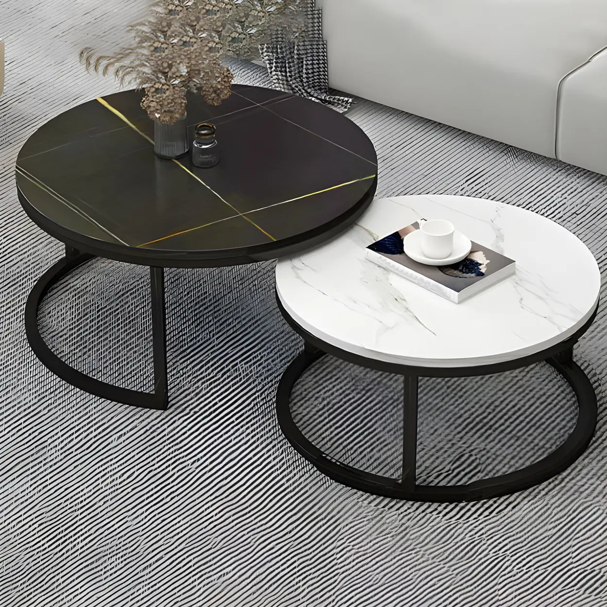 Stone Round Metal-Frame Nesting Coffee Tables — Black and White / Gold