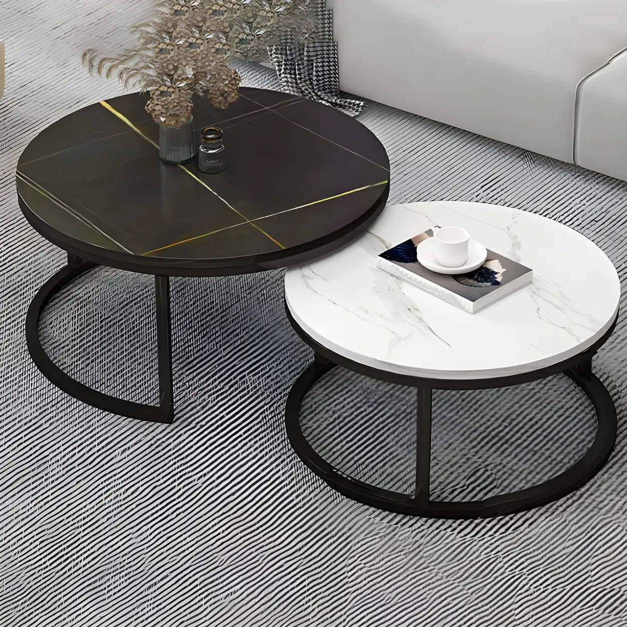 Stone Round Metal-Frame Nesting Coffee Tables — Black and White / Gold