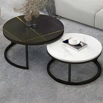 Stone Round Metal-Frame Nesting Coffee Tables — Black and White / Gold