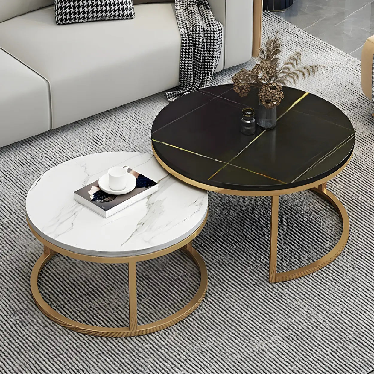 Stone Round Metal-Frame Nesting Coffee Tables — White / Black